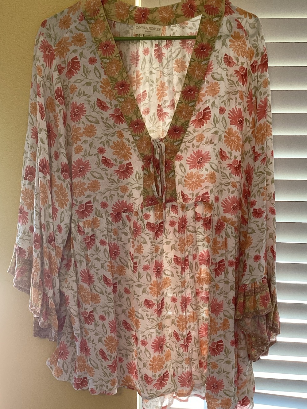 Cynthia Rowley White Floral Peasant Tunic with Pink & Orange Blooms